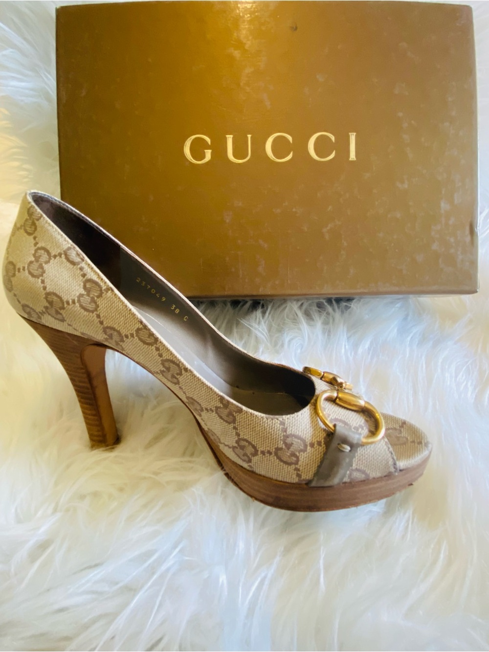 🛍️Gucci Authentic Horsebit Canvas Peep-Toe Pumps & All Original Packaging - Picture 16 of 17